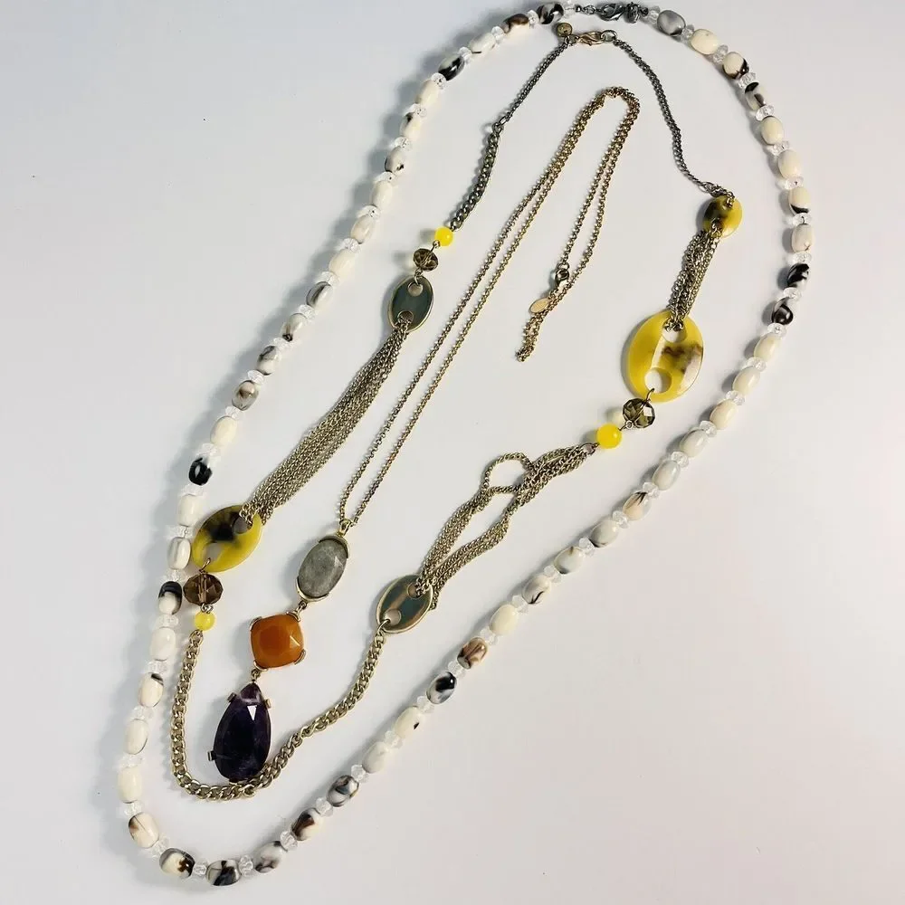 Lot Of 3 Ann Taylor Loft Long Necklace‎ Gray White Green Purple Orange